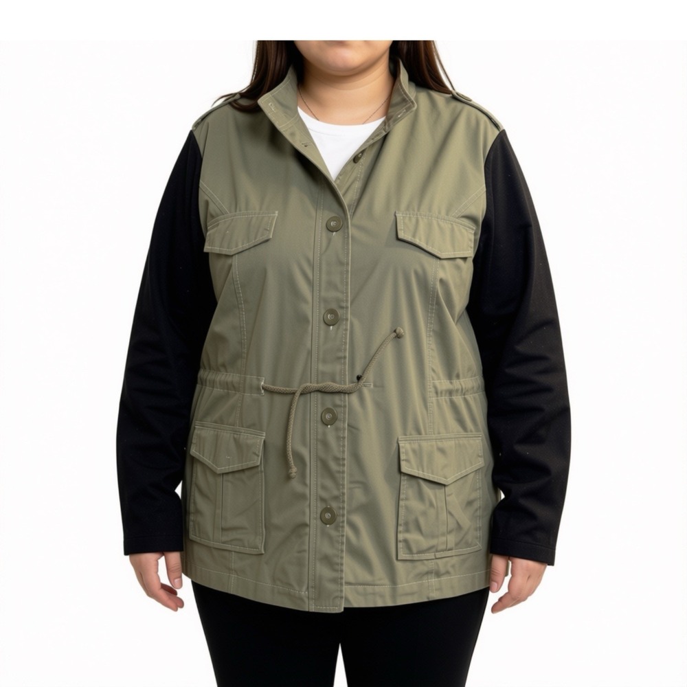 Torrid Plus Size 2 Olive Green Utility Cargo Jacket Black Sleeves Drawstring
